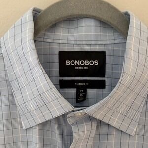 Bonobos Mens Wrinkle-Free Standard Fit Grid Dress Shirt Blue White 17 x 35